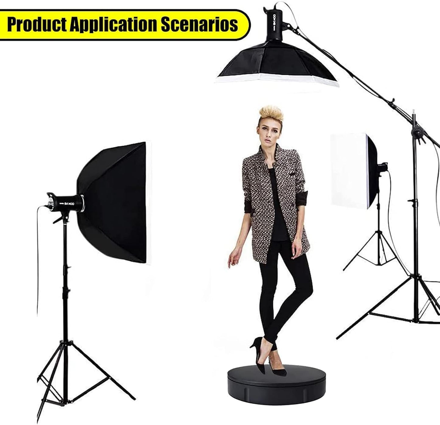 PRABOS Motorized Rotating Display Stand 360° Electric Turntable with 5 PVC Backgrounds, 330Lb Load for Display Heavy Duty Product