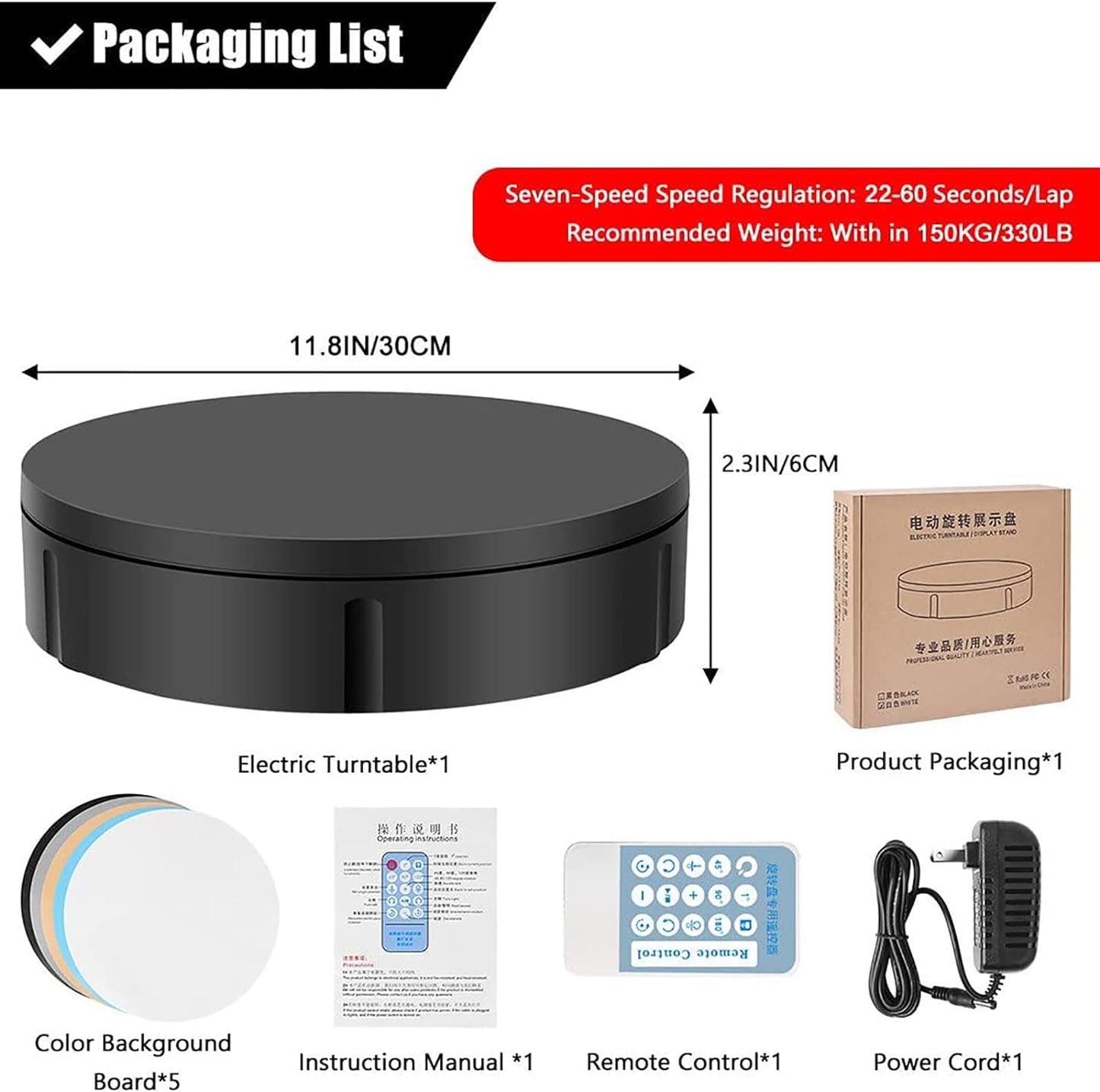 PRABOS Motorized Rotating Display Stand 360° Electric Turntable with 5 PVC Backgrounds, 330Lb Load for Display Heavy Duty Product