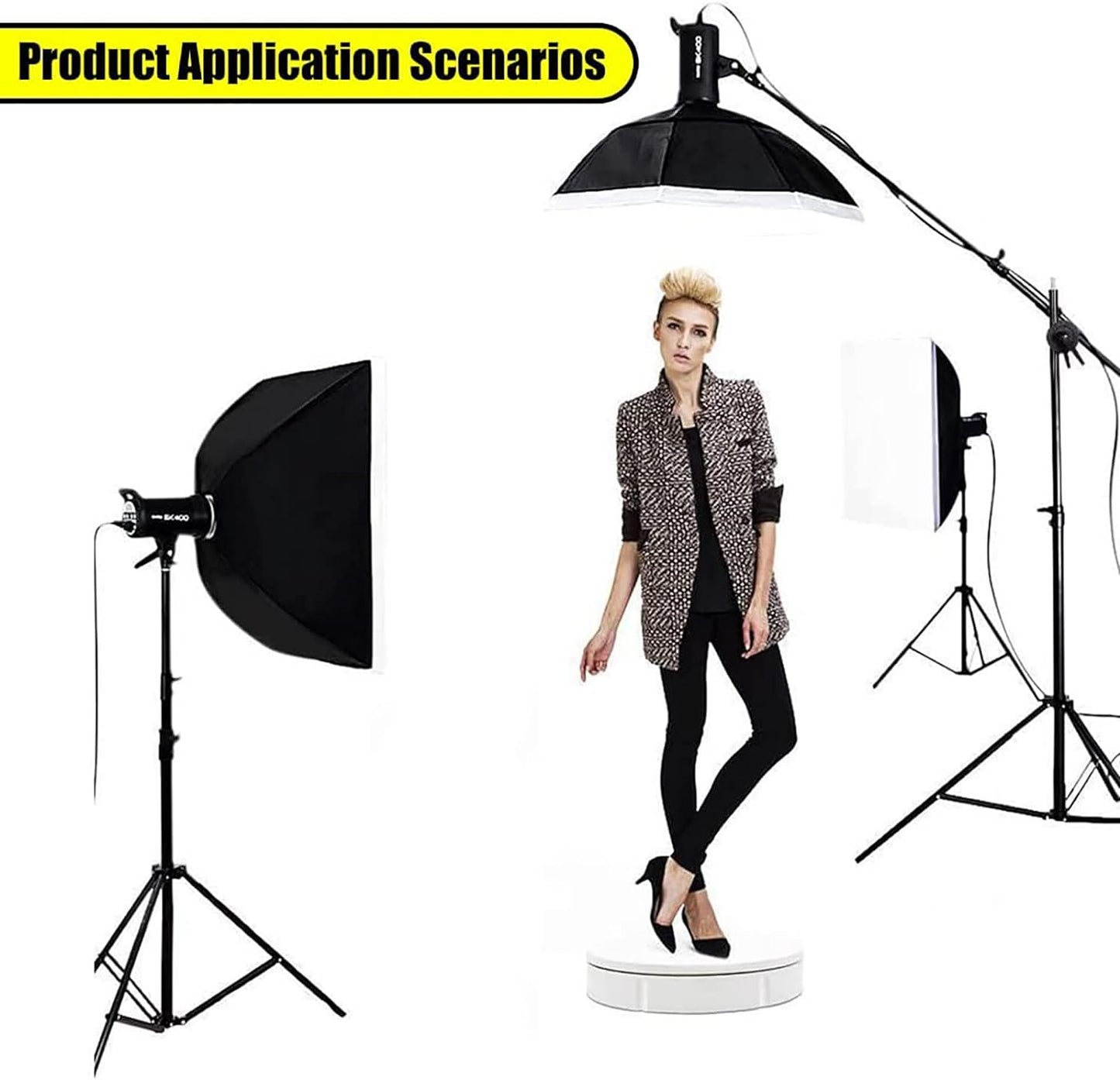 PRABOS Motorized Rotating Display Stand 360° Electric Turntable with 5 PVC Backgrounds, 330Lb Load for Display Heavy Duty Product