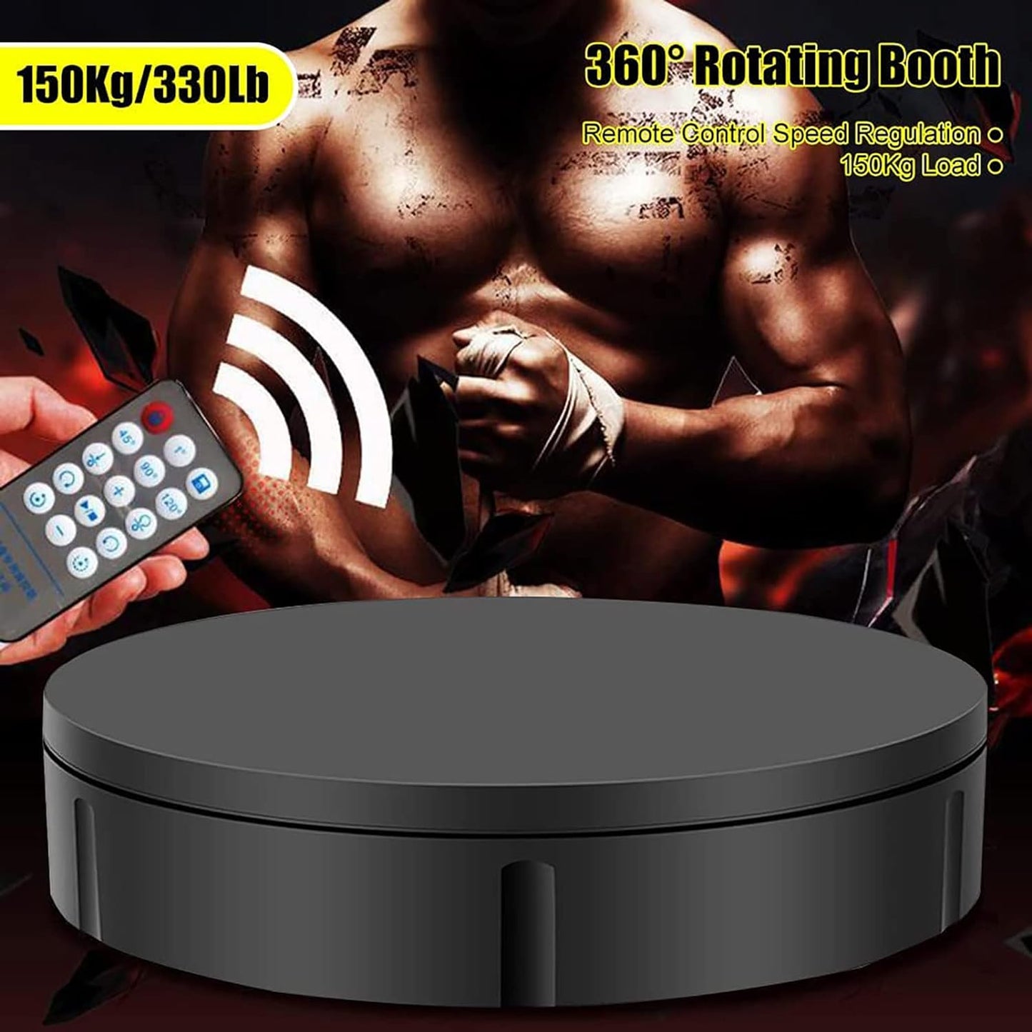 PRABOS Motorized Rotating Display Stand 360° Electric Turntable with 5 PVC Backgrounds, 330Lb Load for Display Heavy Duty Product